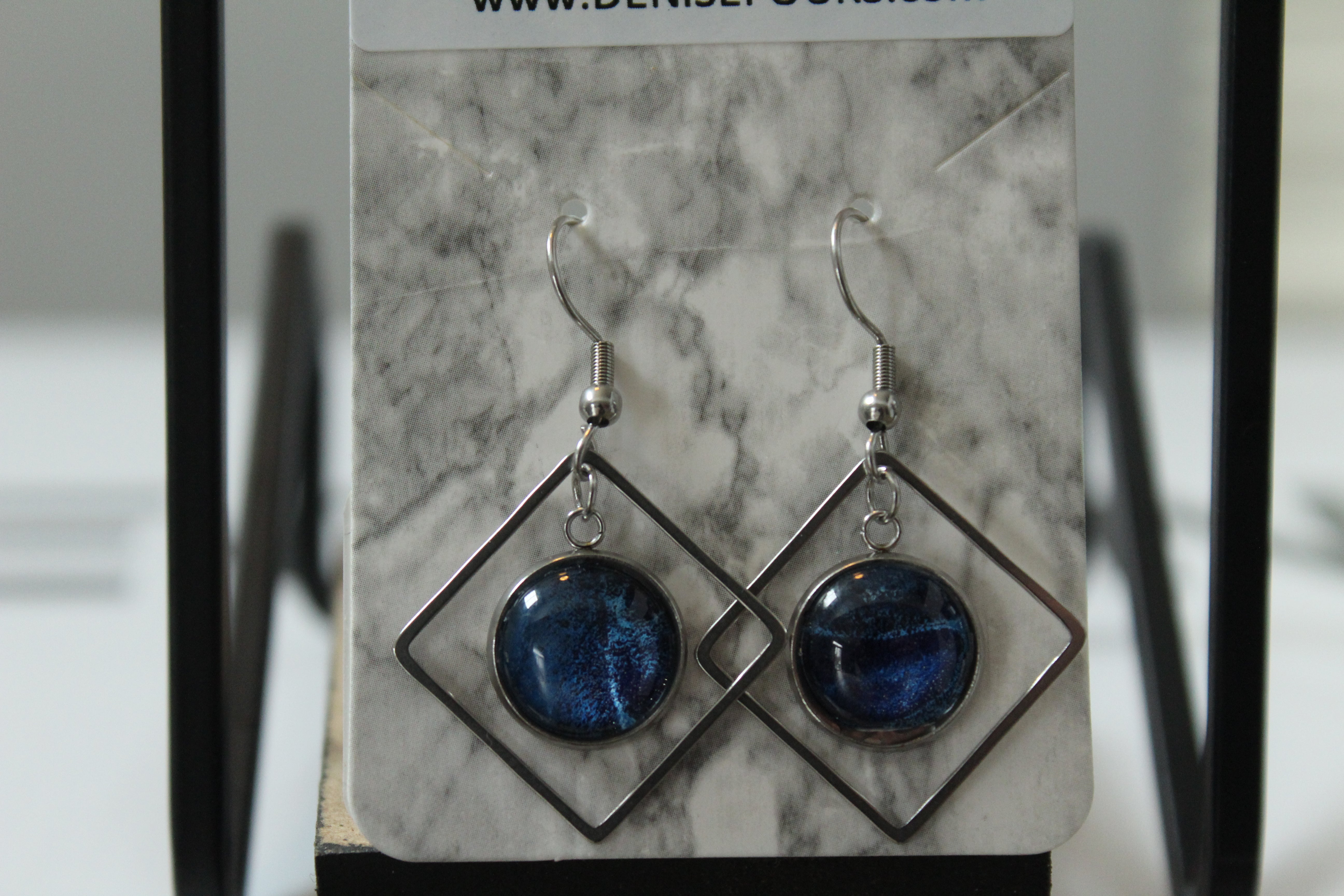 One of a kind Hand Painted Earrings - Blue Rectangle