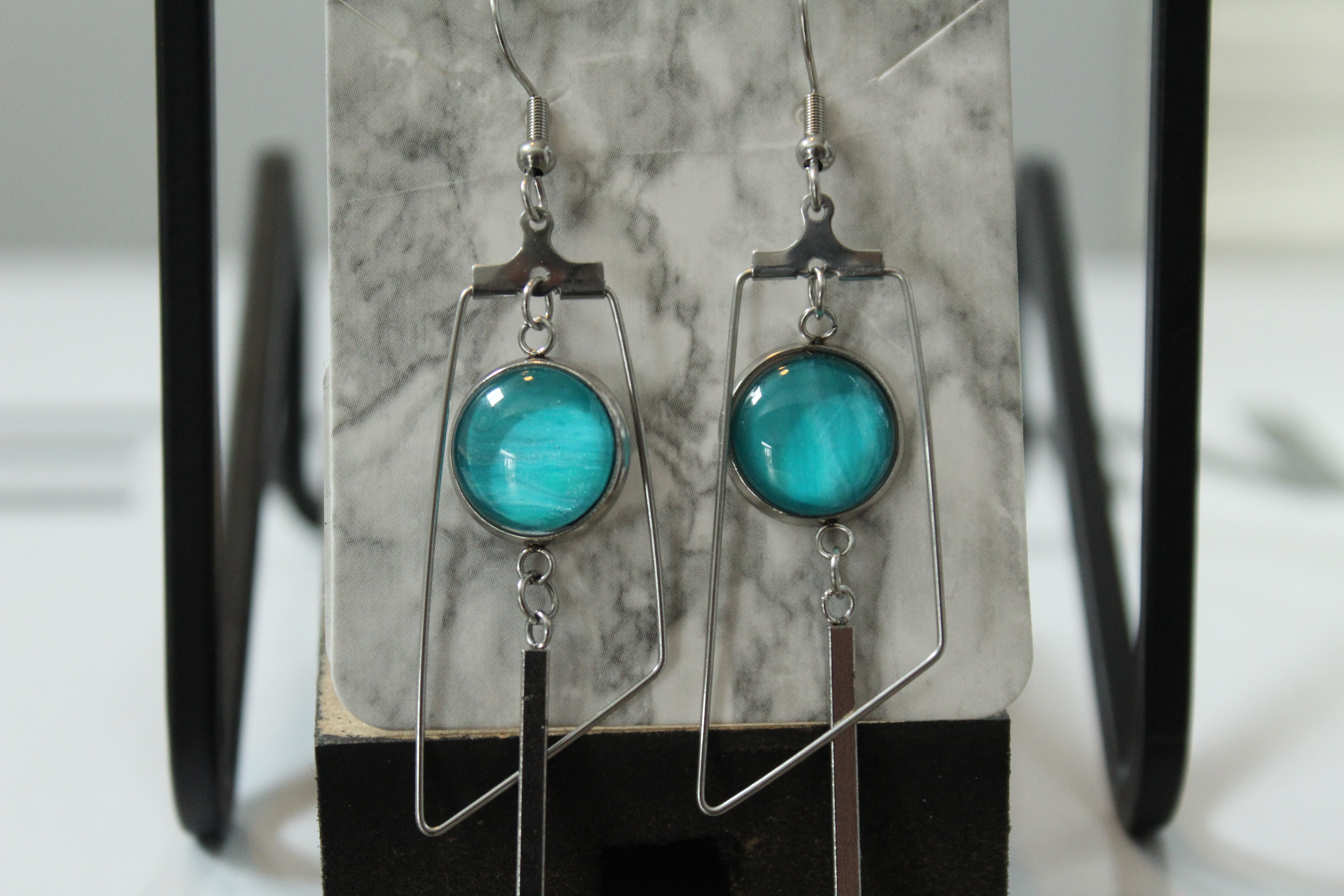 One of a kind Hand Painted Earrings - Blue Dangle