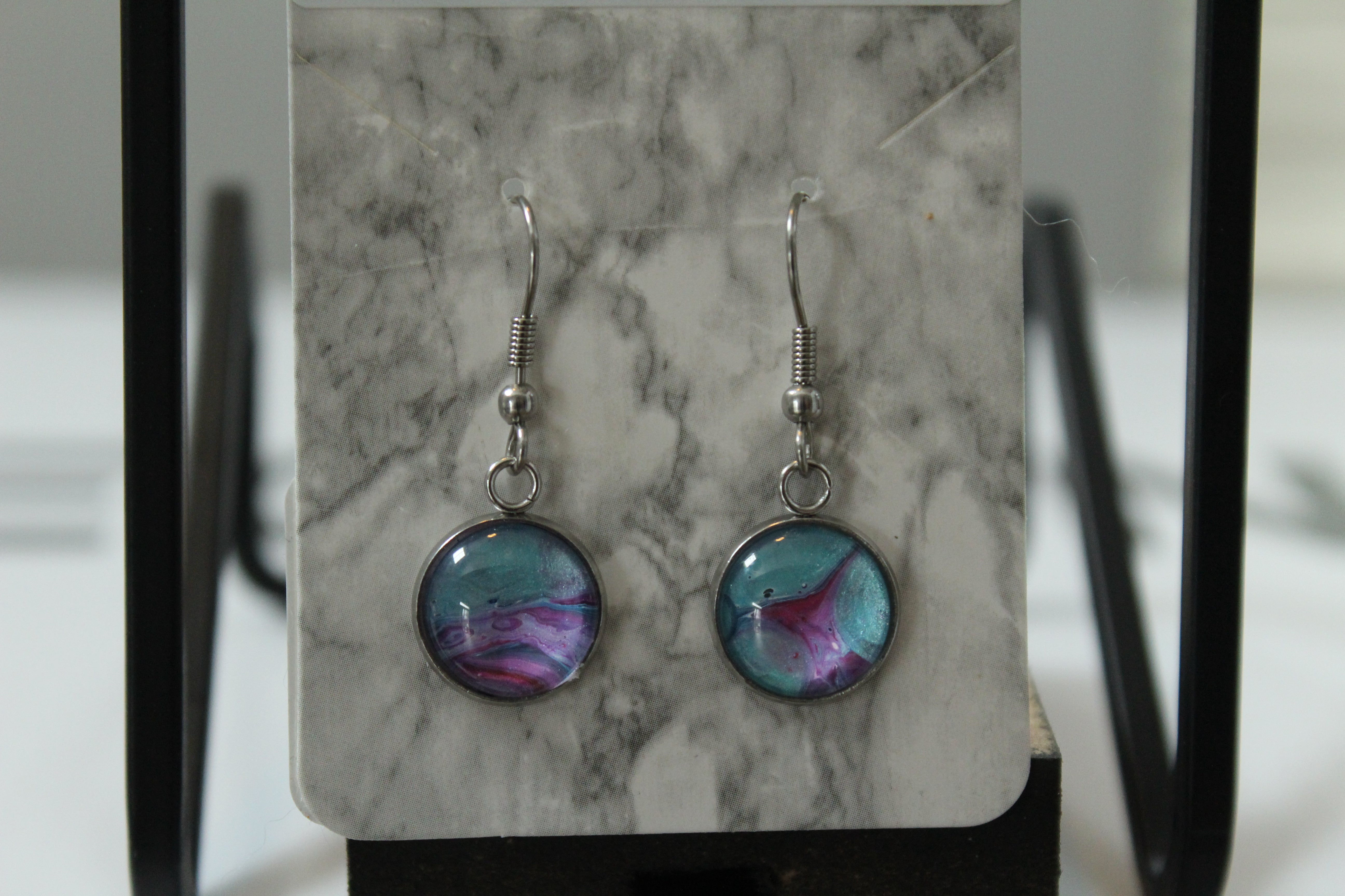 One of a kind Hand Painted Earrings - Purple, Pink and Blue Drop Earrings